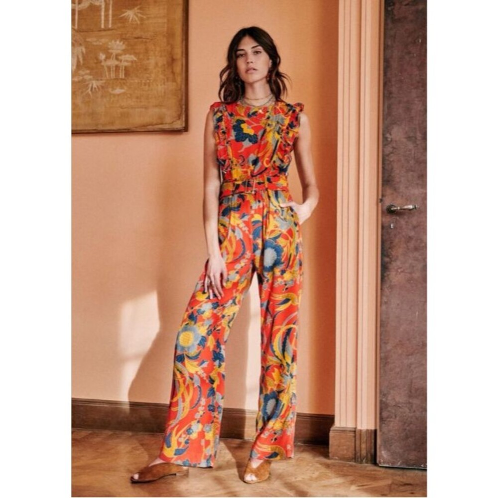 Sézane Dalina Multicolored Floral Print Flared Jumpsuit Women's FR 34 US 2